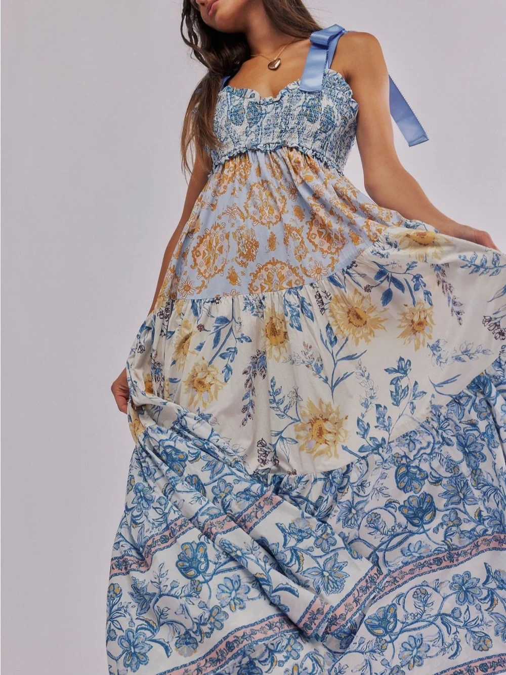Free People Blue and Cream Floral Tie-Shoulder Maxi Dress